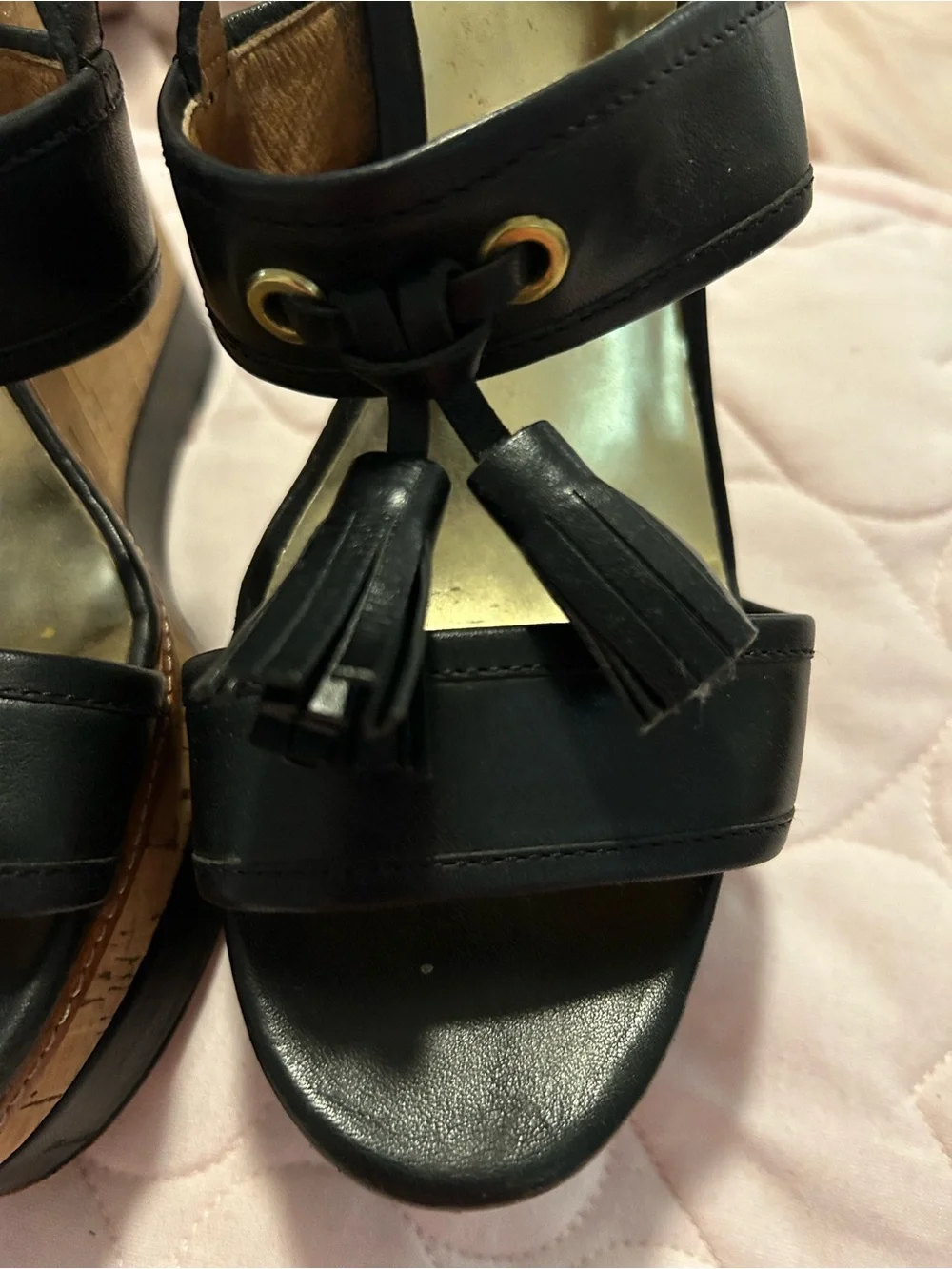 Coach Black Leather Tassel Platform Sandals with Gold Accents